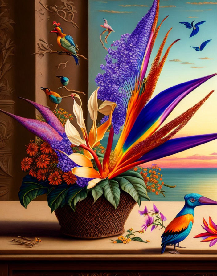 Colorful floral and bird wicker basket painting with whimsical sunset