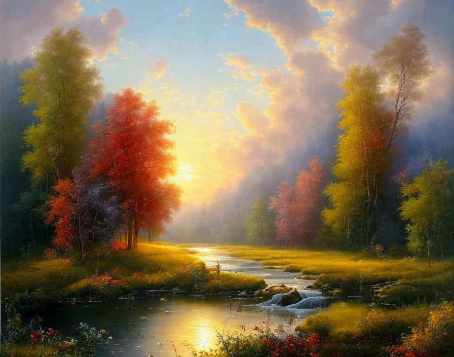 Colorful Autumn Forest Scene with River and Misty Background