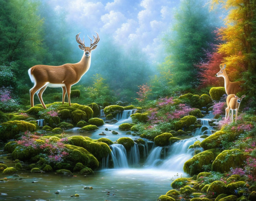 Vibrant forest scene with two deer, waterfalls, autumn foliage, and moss-covered rocks