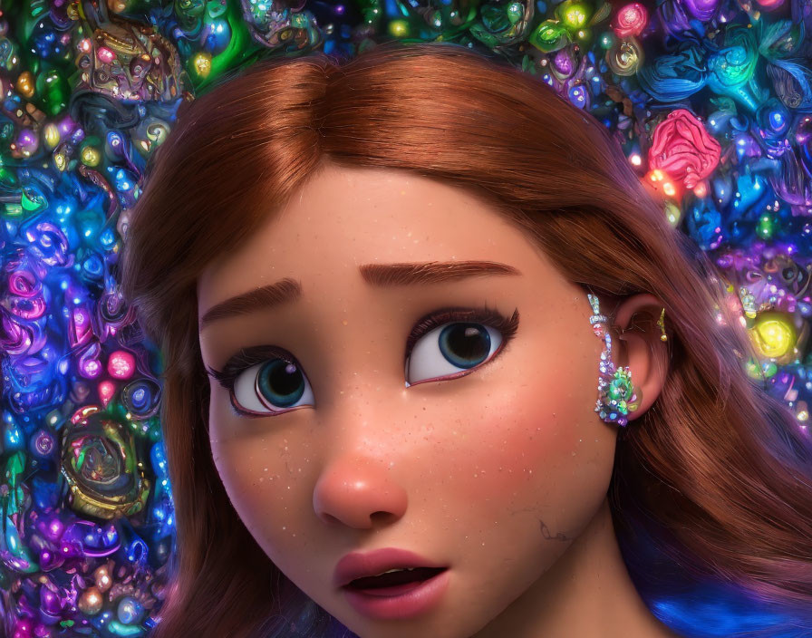 Close-up of animated girl with auburn hair and jeweled earring on colorful abstract background