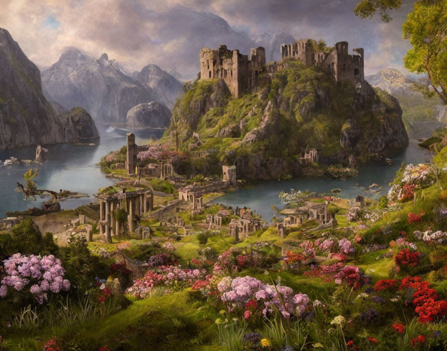 Scenic landscape with ancient castle ruins, lush greenery, lakes, mountains, and blooming flowers