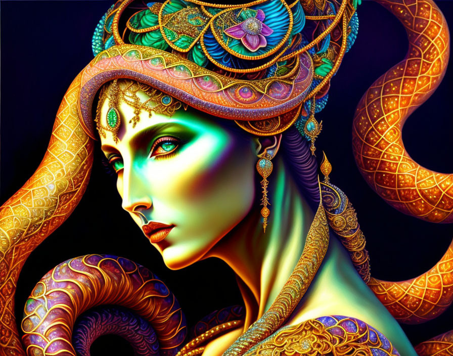 Vibrant jewel-toned woman with golden adornments on dark background