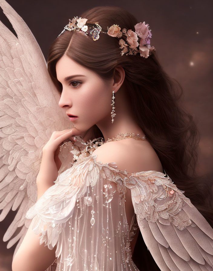 Angel-winged woman in floral tiara and elegant gown poses thoughtfully