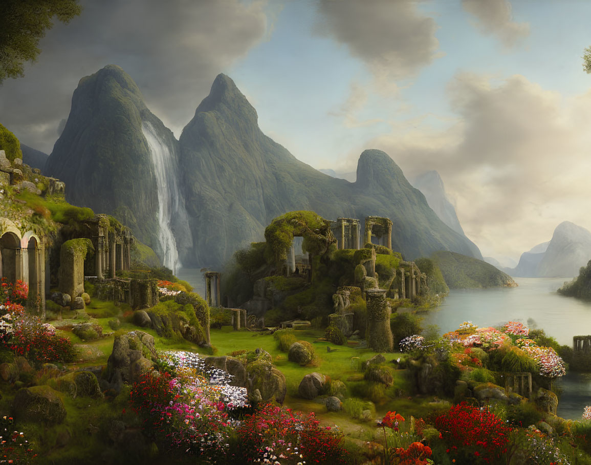 Mythical landscape with lush greenery, mountains, waterfalls, ruins, and flowers