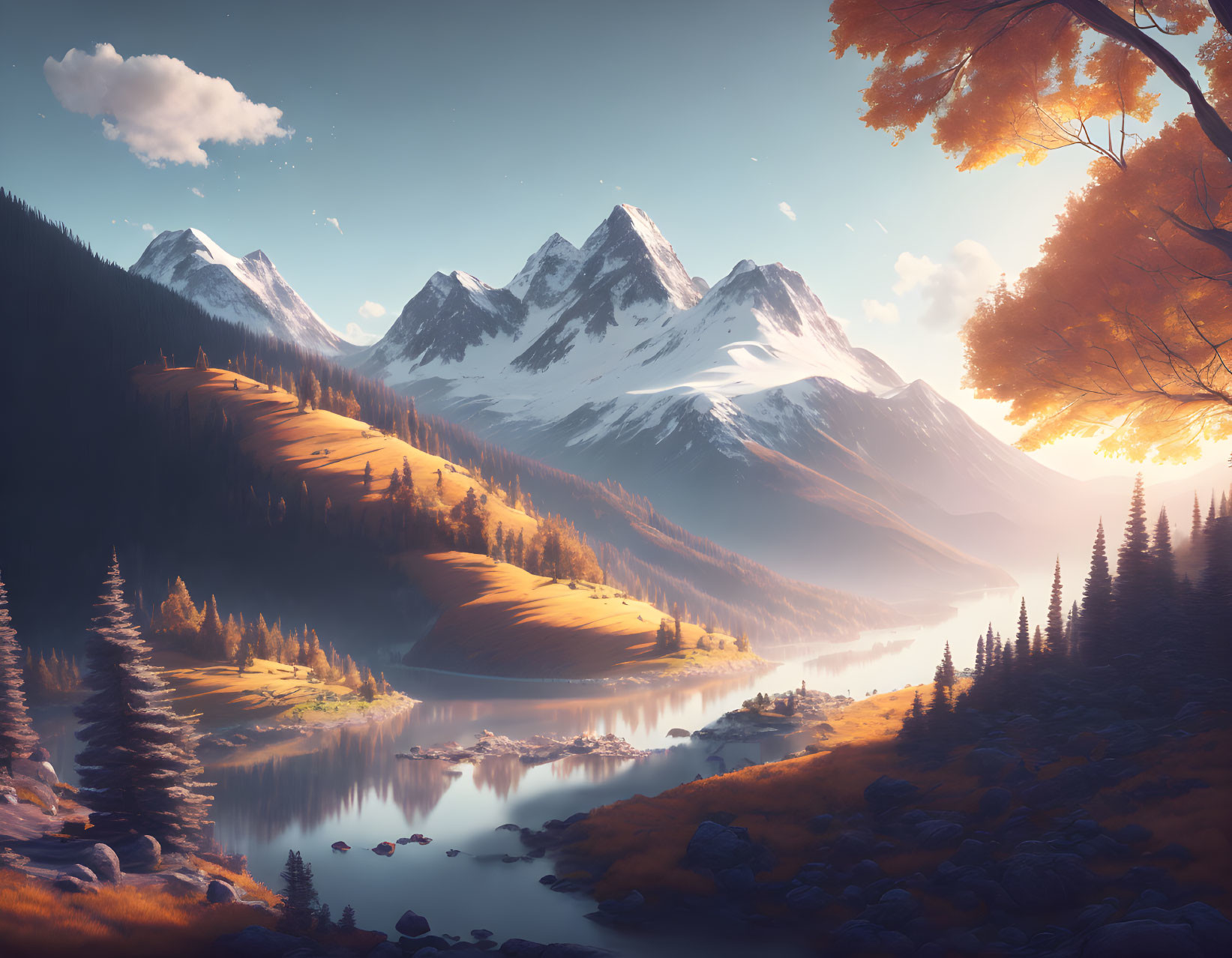 Serene autumn lake with snowy mountains and fall forests