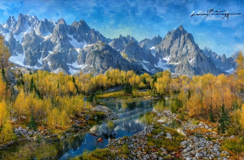 Majestic mountain peaks, serene river, autumn trees, and rocky foreground.