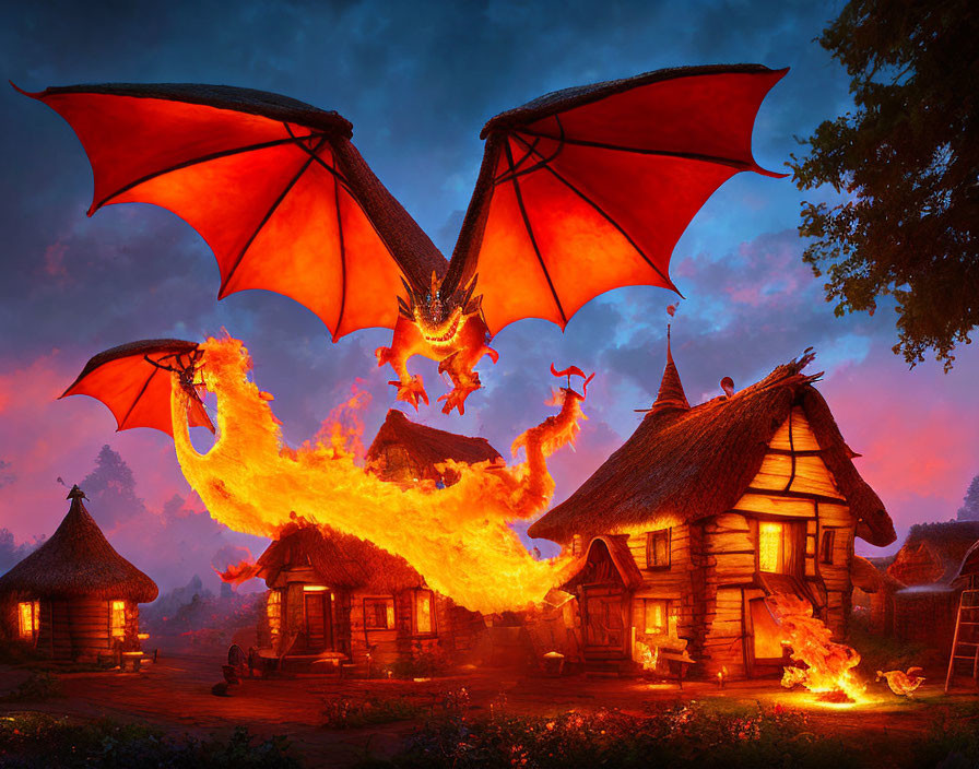 Fiery dragon breathing fire above medieval village at twilight