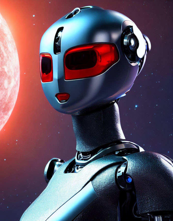 Futuristic humanoid robot with red optical sensors in cosmic setting