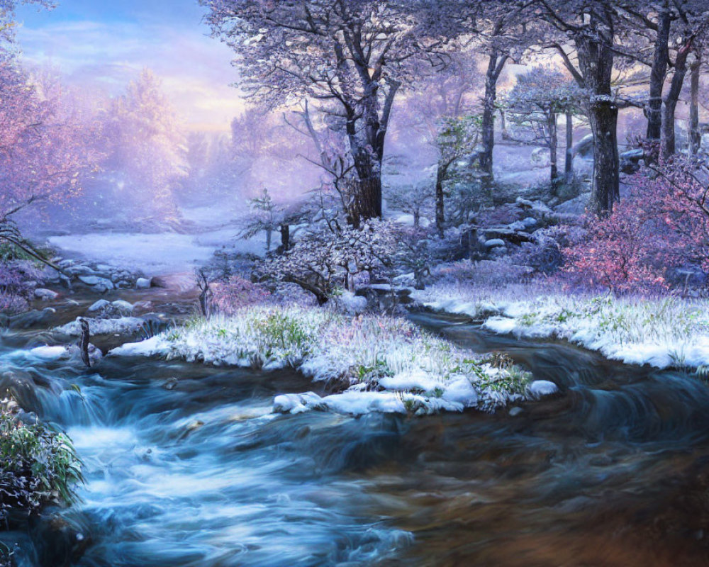 Scenic snowy forest with vibrant stream and pink trees at sunrise