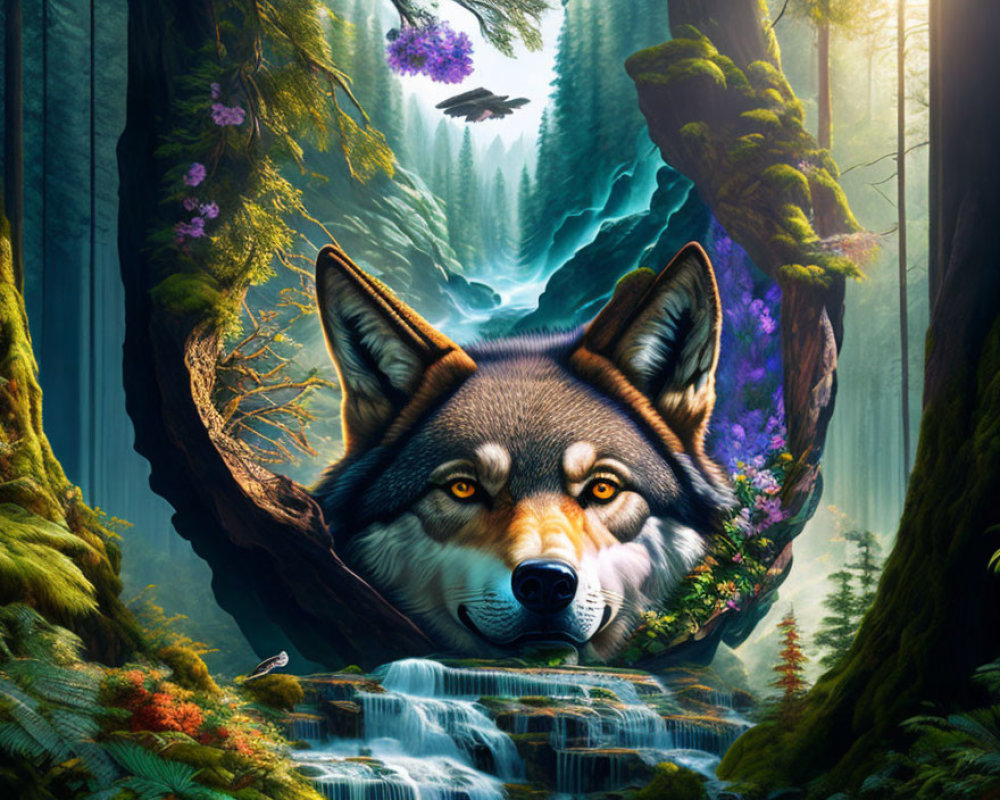 Surreal forest scene with giant wolf head in waterfall surrounded by lush greenery