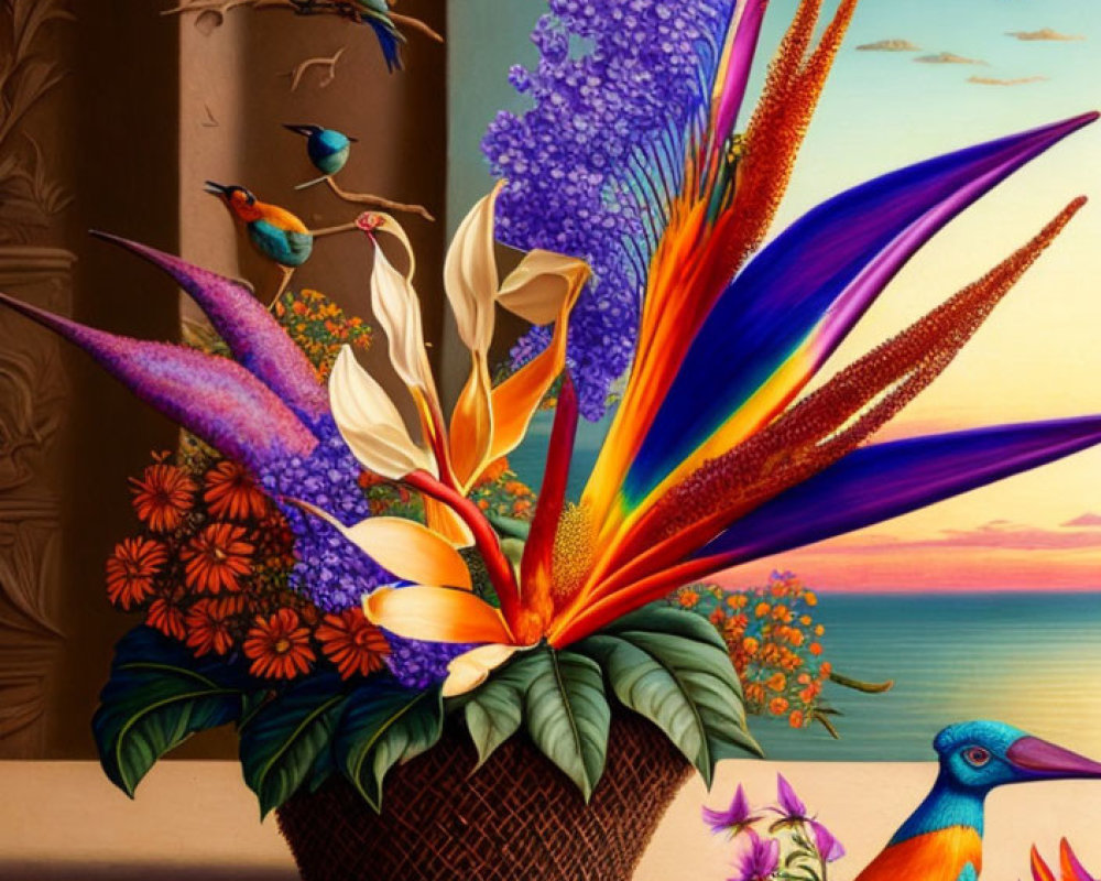 Colorful floral and bird wicker basket painting with whimsical sunset