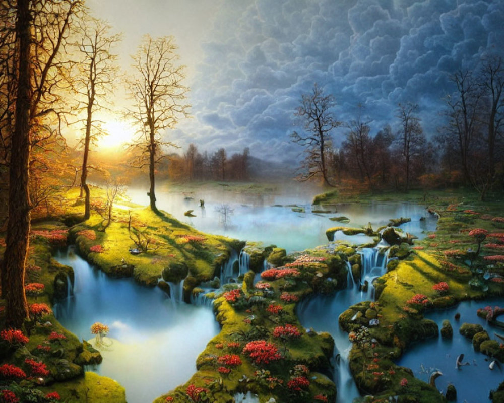 Misty River Landscape with Flowering Plants and Dramatic Sky