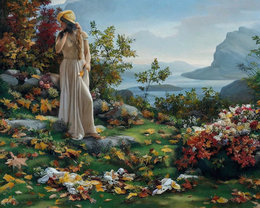 Woman in flowing gown and turban surrounded by lush foliage near tranquil lake and mountains under cloudy sky
