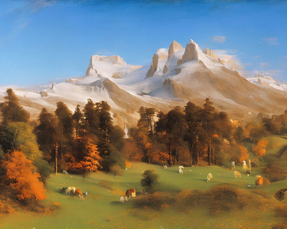 Snow-capped peaks and autumnal forest in serene mountain landscape