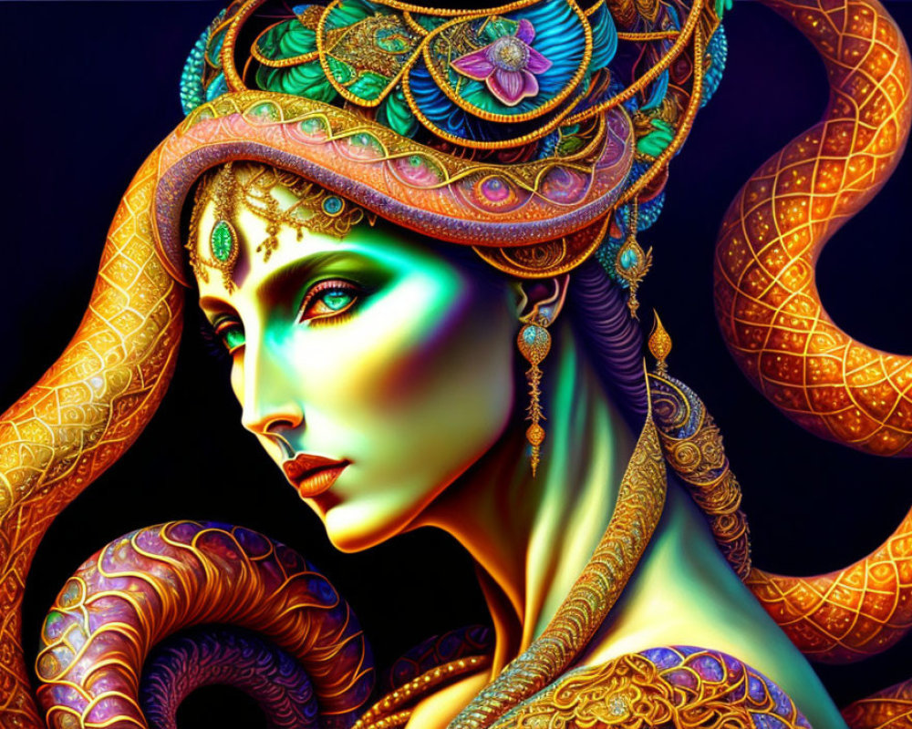 Vibrant jewel-toned woman with golden adornments on dark background