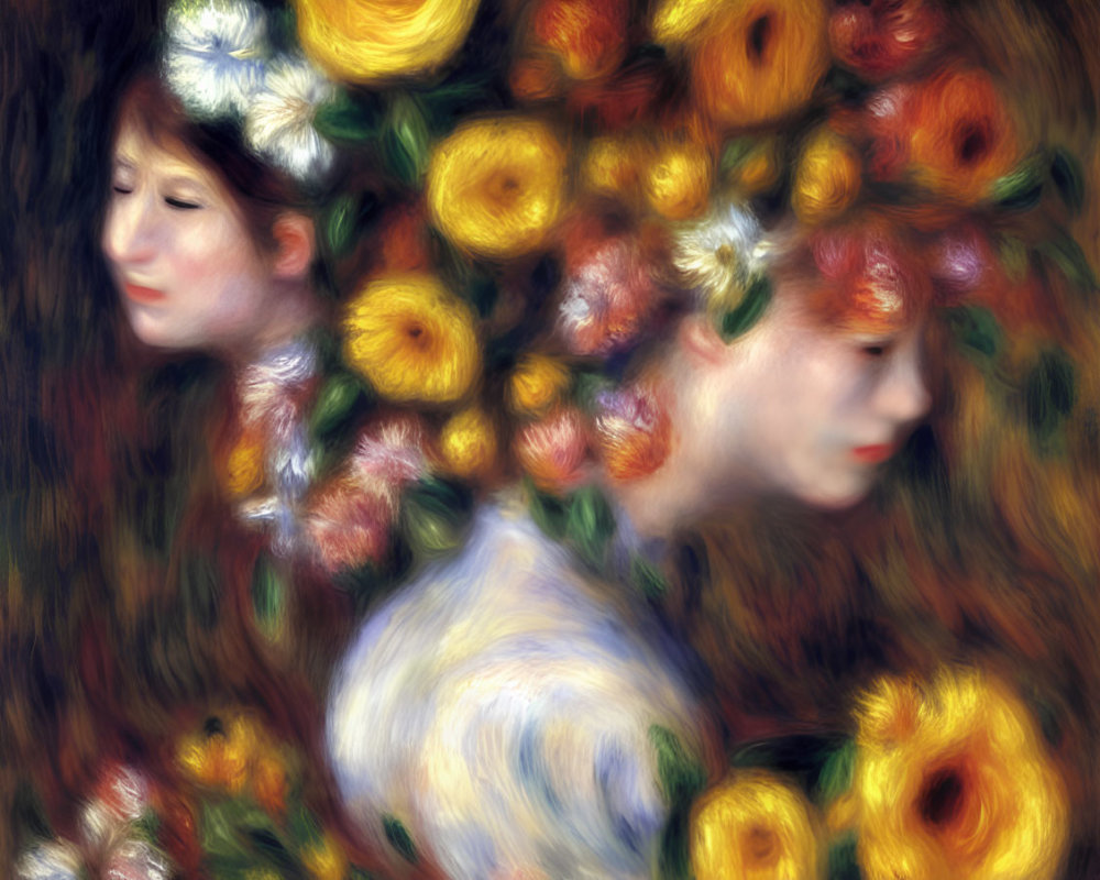 Impressionist-style painting of two figures with floral crowns