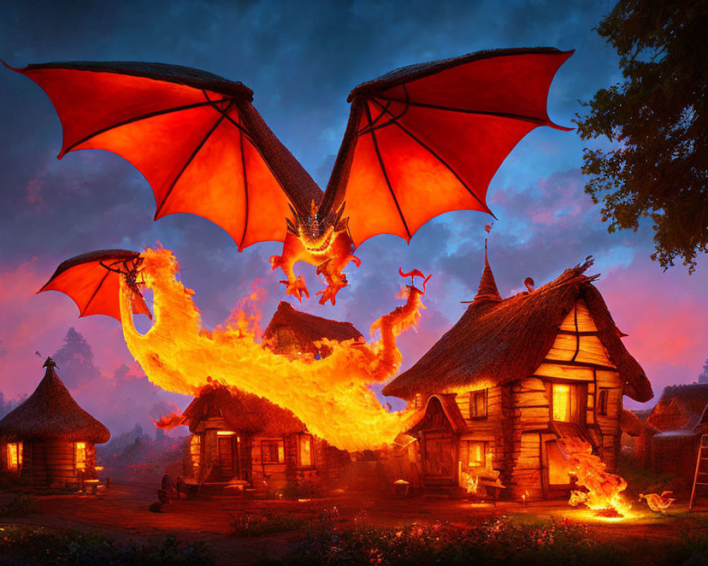 Fiery dragon breathing fire above medieval village at twilight