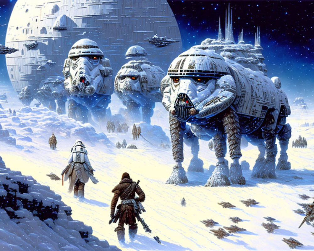 Snowy Landscape with Armored Walkers, Figures, and Distant Fortress