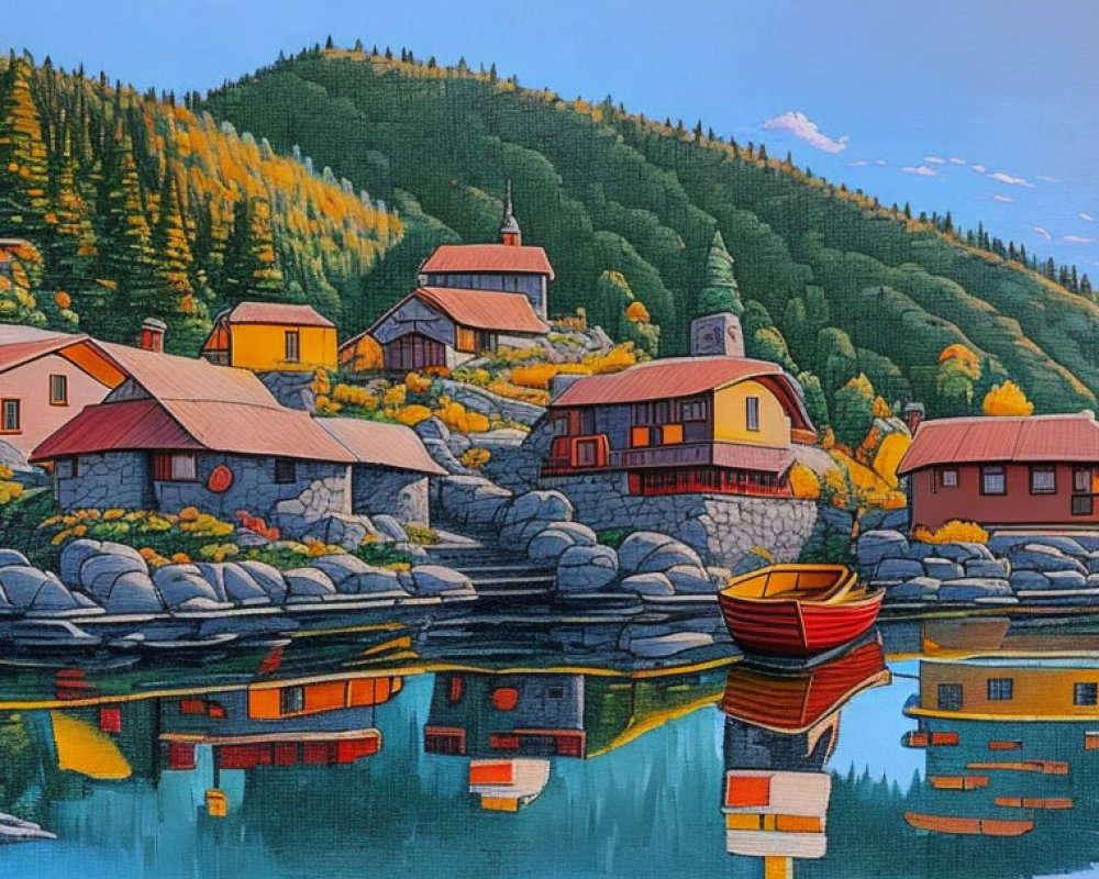 Colorful lakeside village painting with reflections and green hills