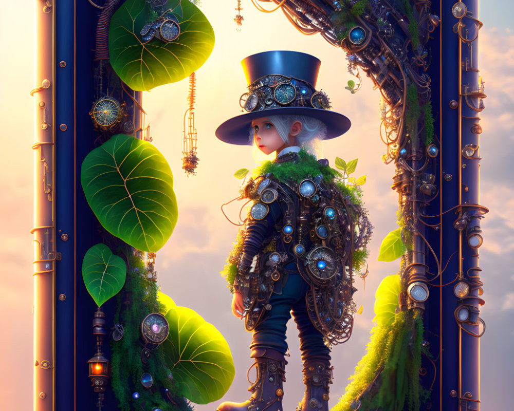 Steampunk character with top hat and ornate coat in sunset scene