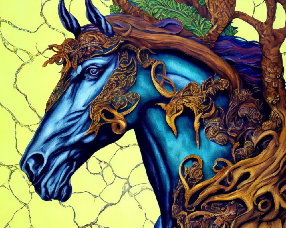 Colorful Artwork: Blue Horse with Golden Filigree and Nature Elements