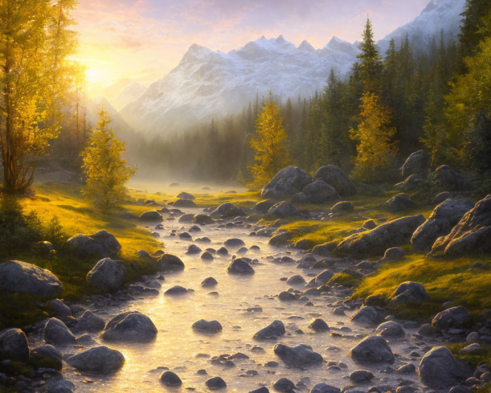 Serene sunrise over misty river and autumnal mountain landscape