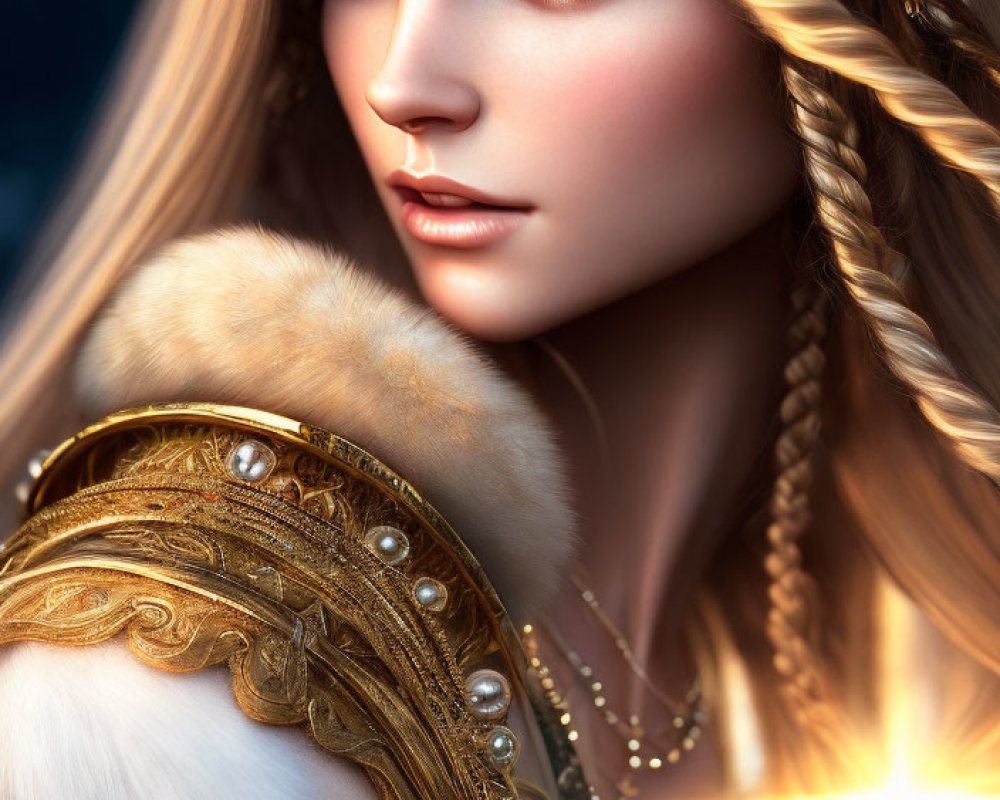 Digital illustration of woman with braided blonde hair in fur-lined armor with radiant star.