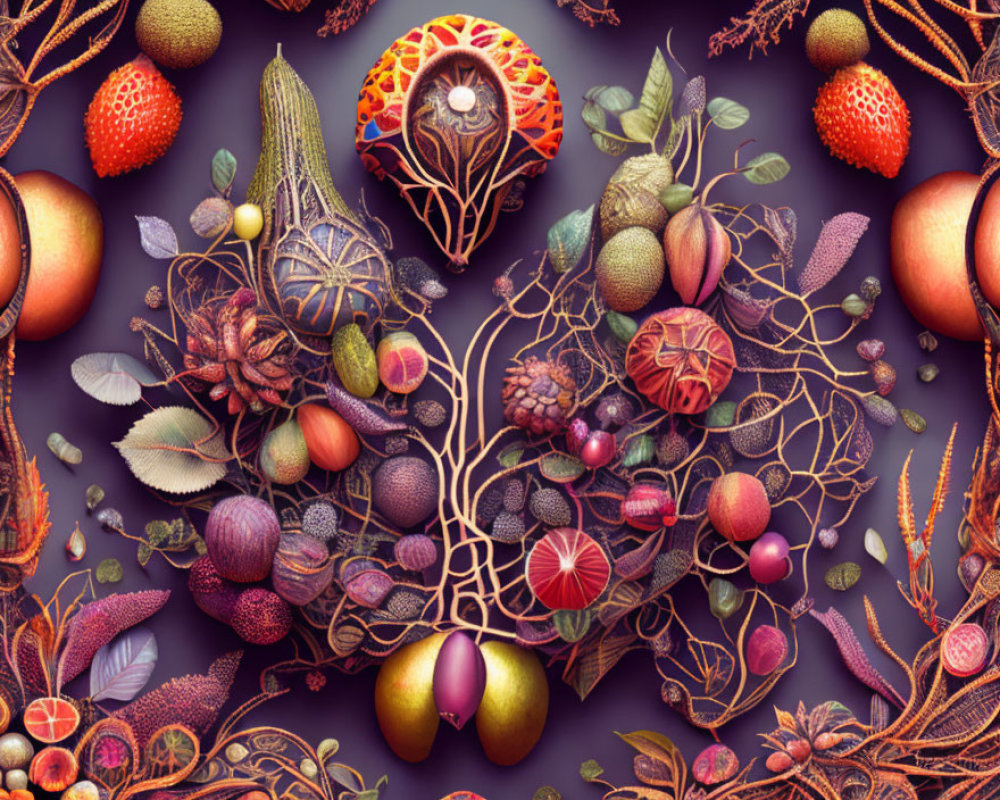 Colorful Stylized Fruits and Plants Illustration on Dark Background