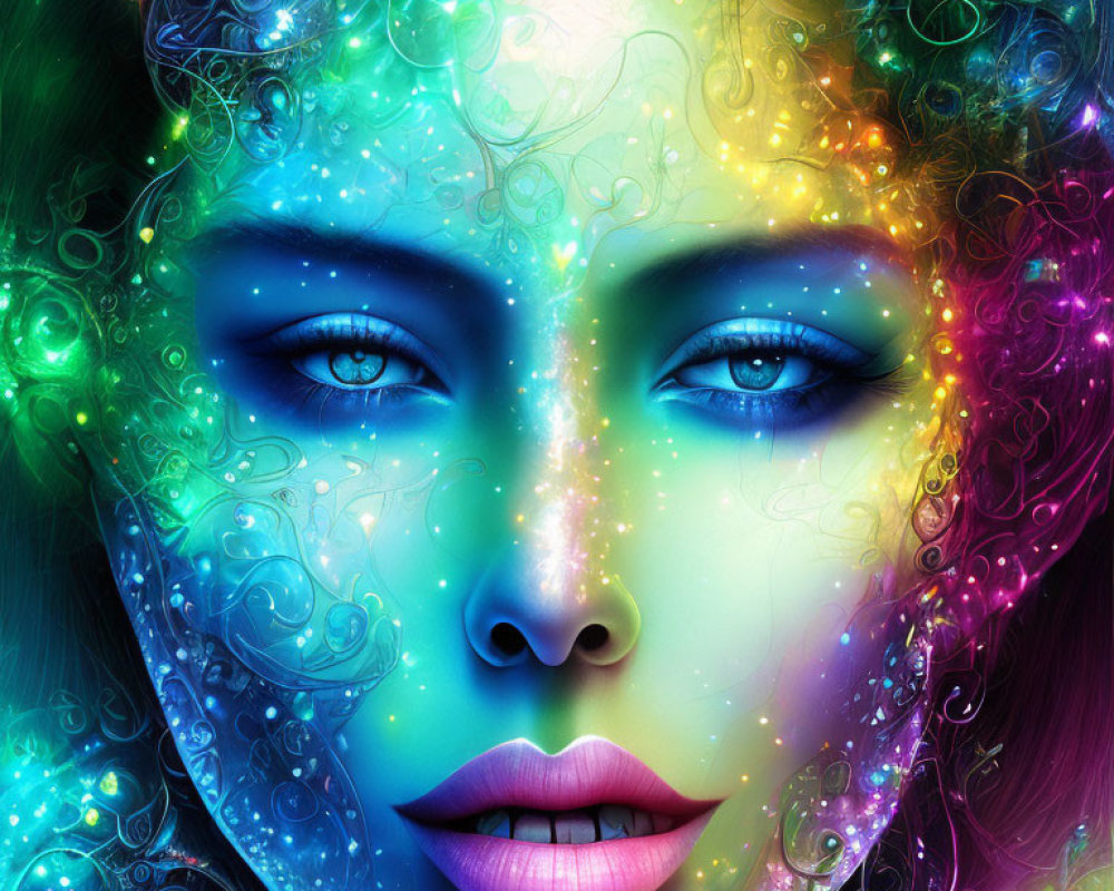 Colorful Cosmic and Floral Patterns on Woman's Face Portrait