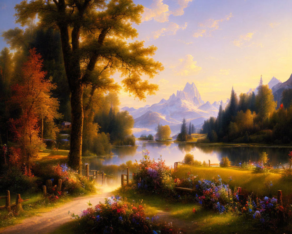 Tranquil Lake Scene with Colorful Flowers and Mountains