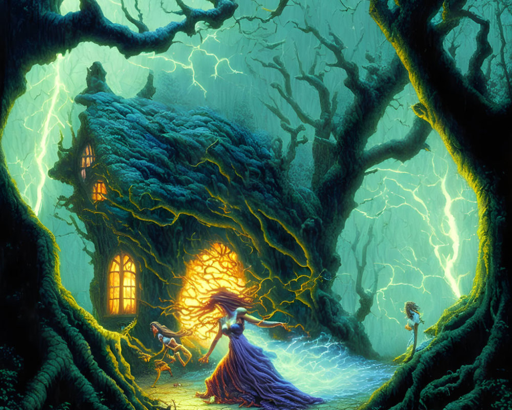 Surreal forest scene with twisted trees, glowing cottage, woman in purple dress, and mystical creature