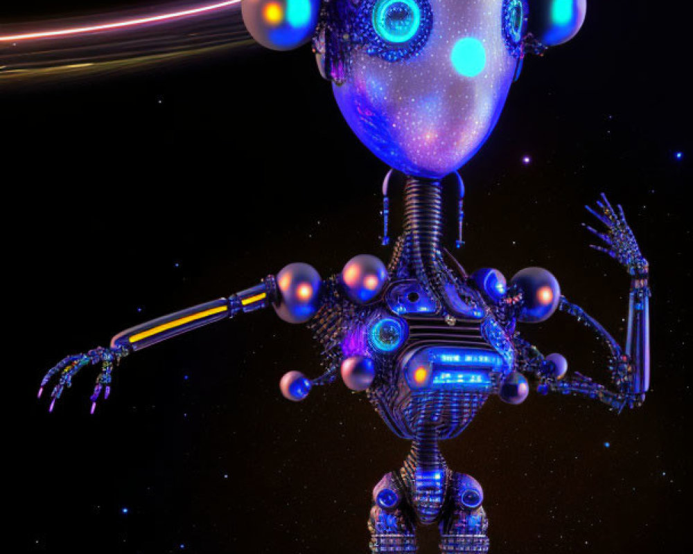 Futuristic blue robot with spherical joints and neon lighting in space.