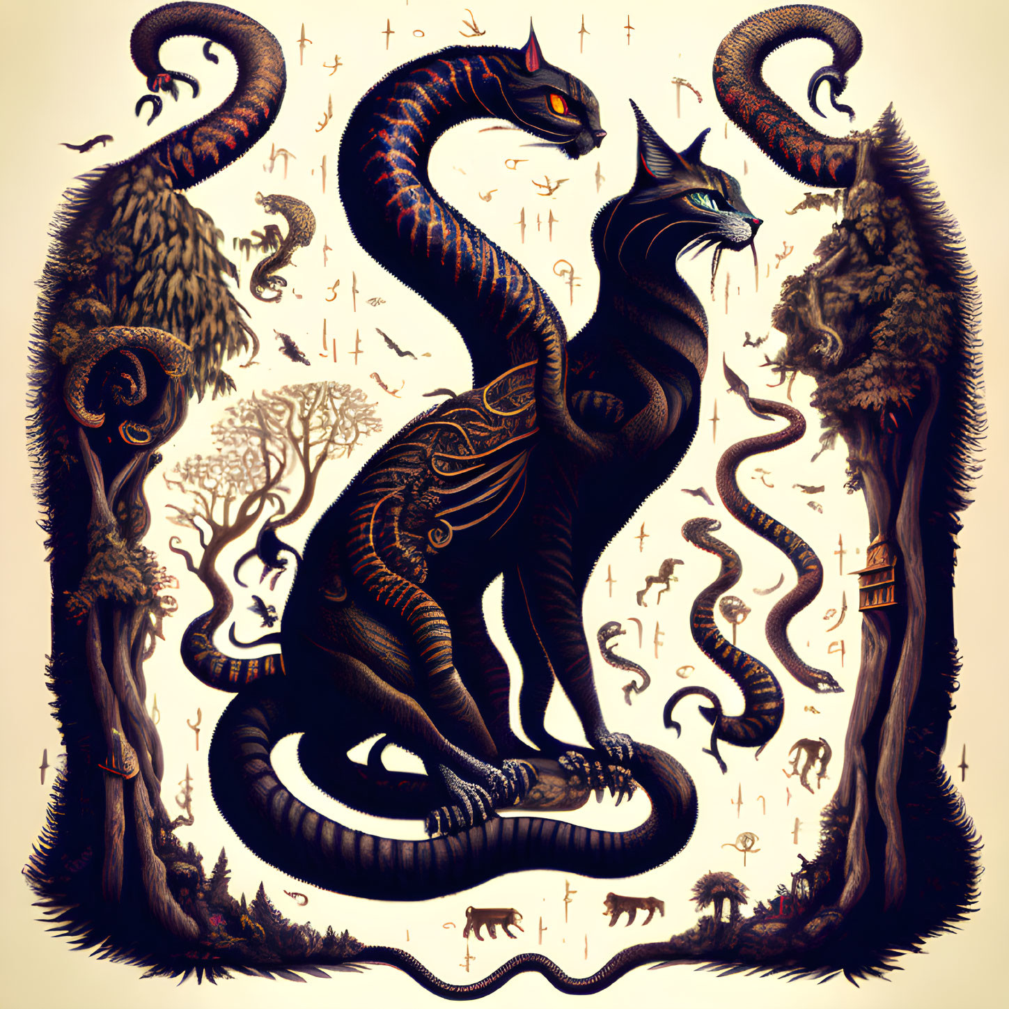 Detailed mythical black cat illustration with serpent-like body and mystical elements.