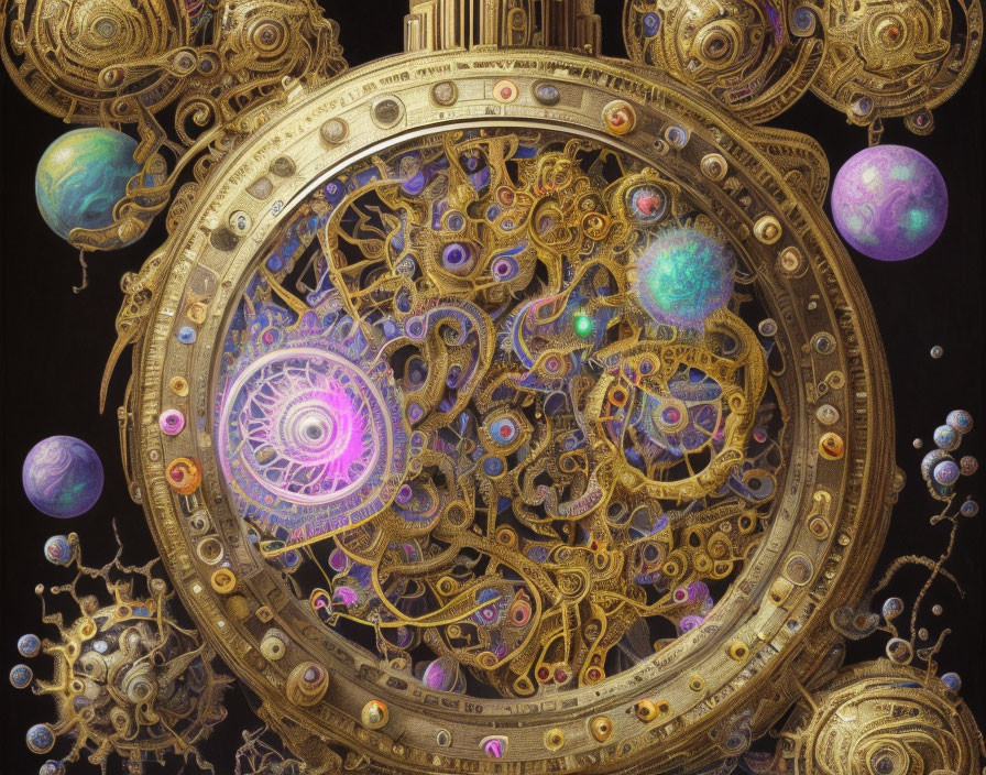 Intricate Clockwork Mechanism with Cosmic Planets and Galactic Motifs