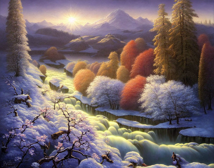 Scenic landscape painting: sunrise, snowy mountains, river, autumn trees, cherry blossoms