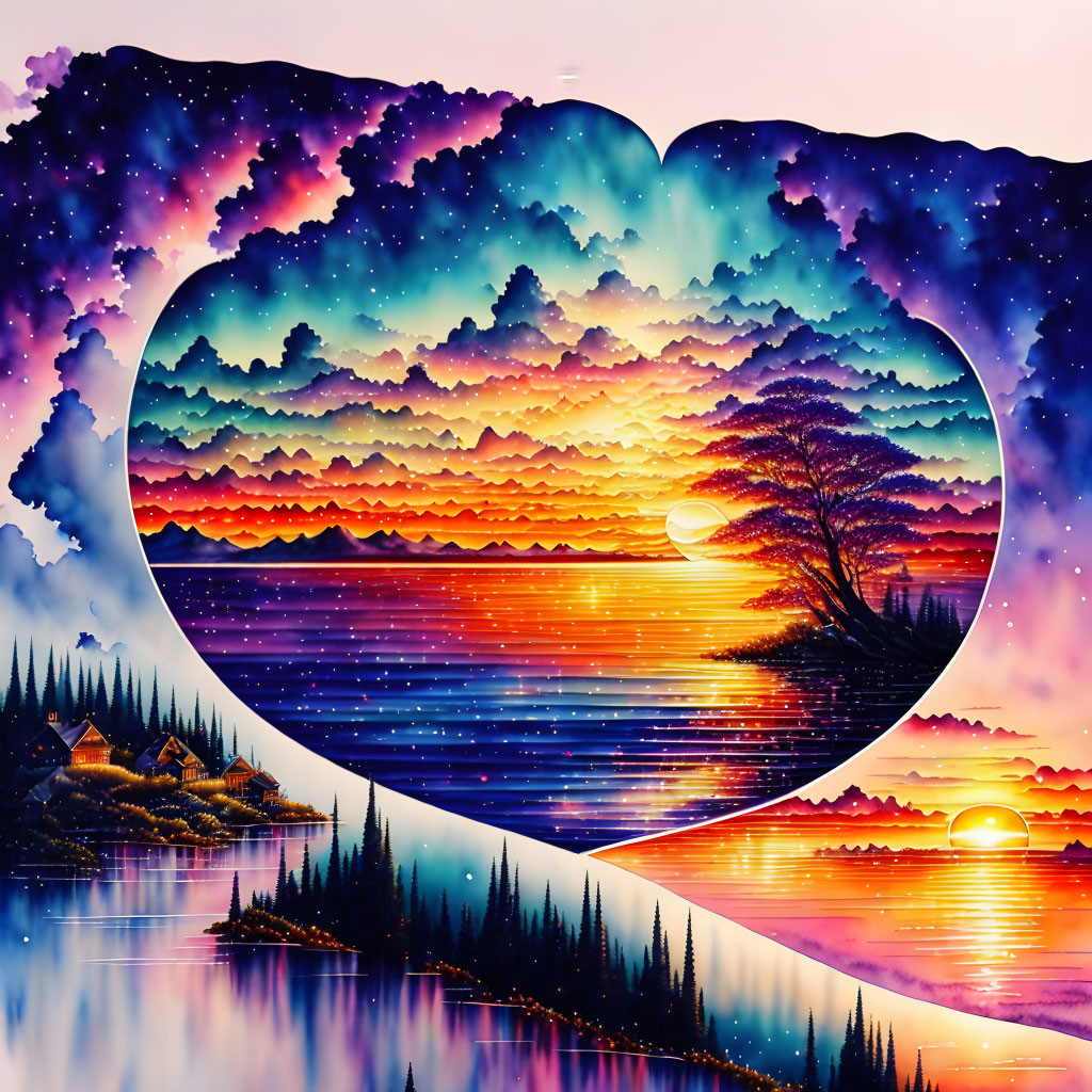 Heart-shaped montage of landscapes, starry skies, sunsets, and silhouetted trees