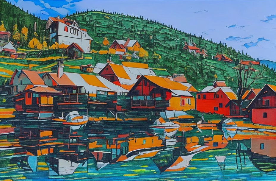 Colorful Village Painting with Red-Roofed Houses and Green Hills