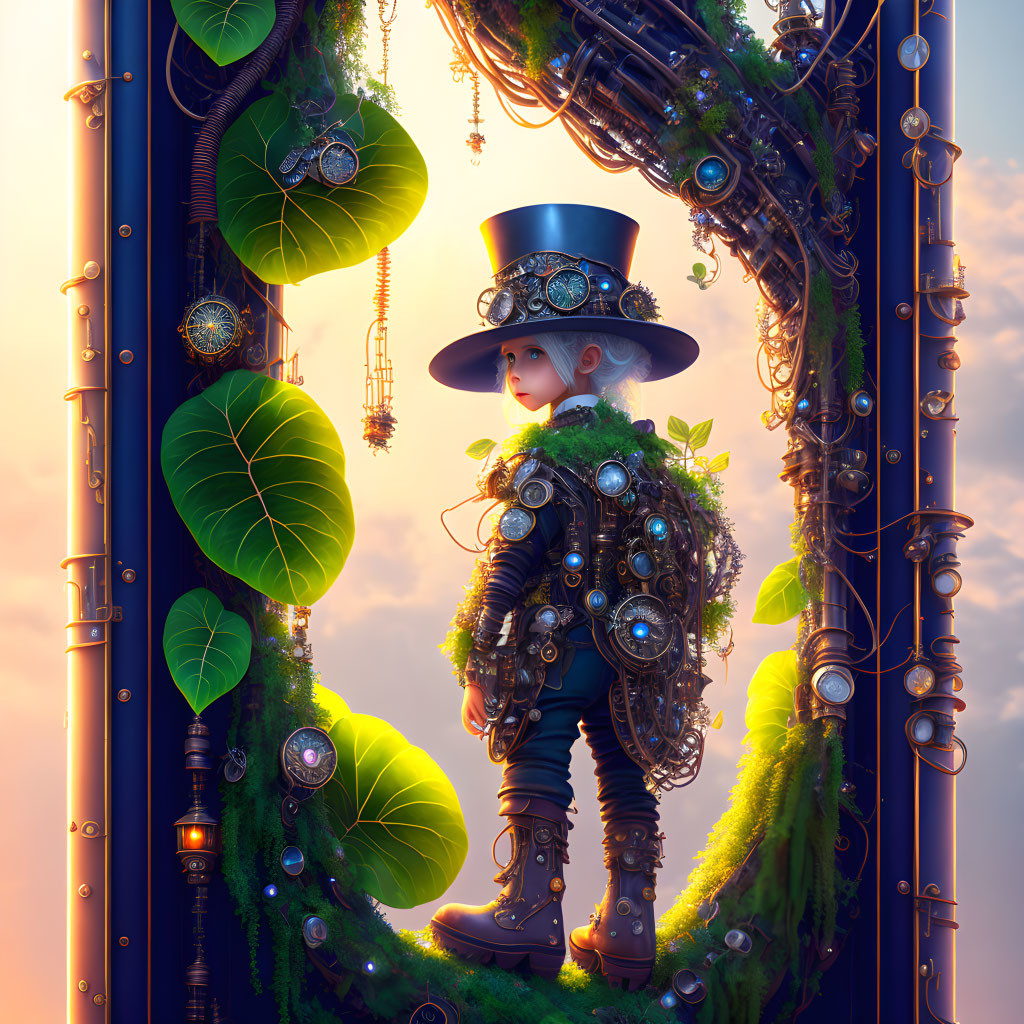 Steampunk character with top hat and ornate coat in sunset scene