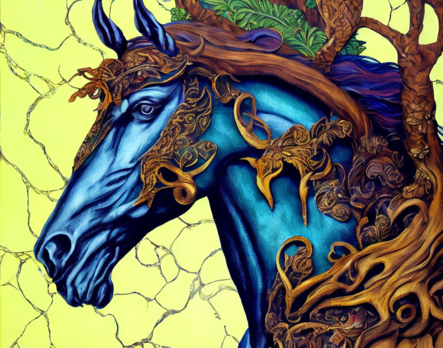 Colorful Artwork: Blue Horse with Golden Filigree and Nature Elements