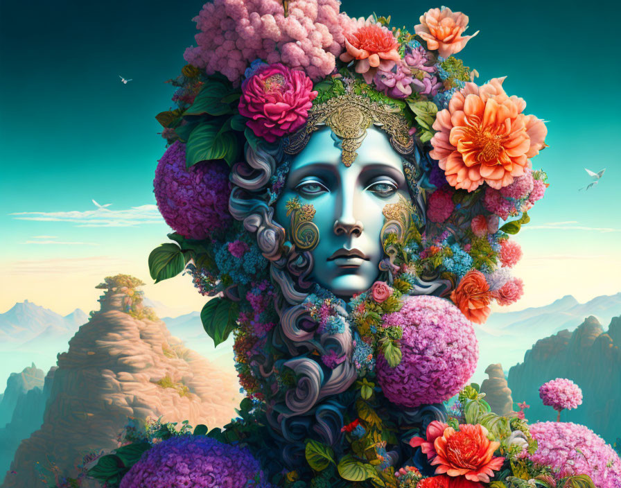 Colorful digital artwork: Woman's face with floral motifs in mountain landscape