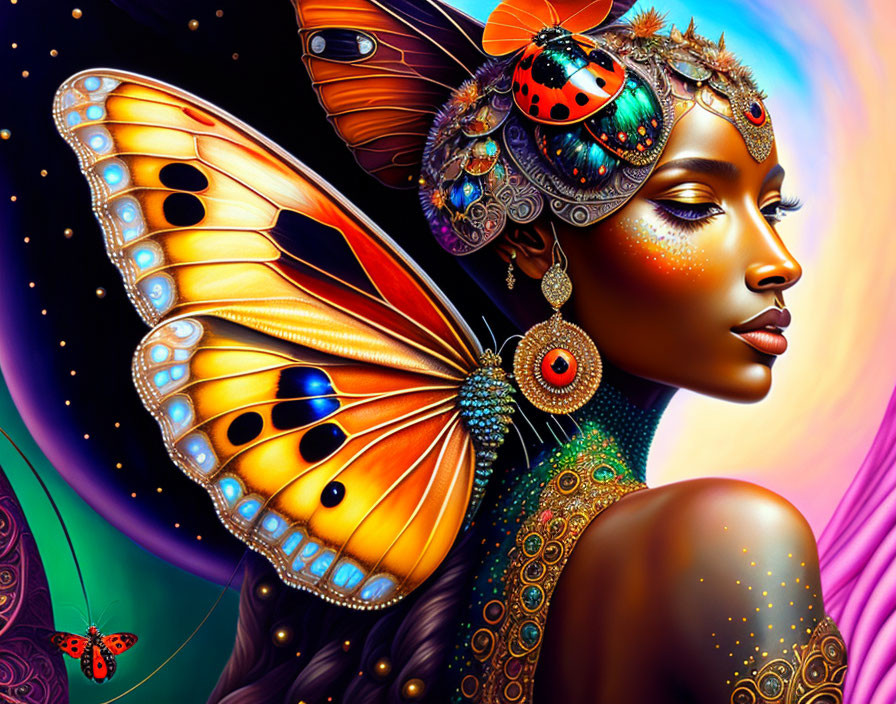 Colorful digital artwork of woman with butterfly wings and jewelry on cosmic background