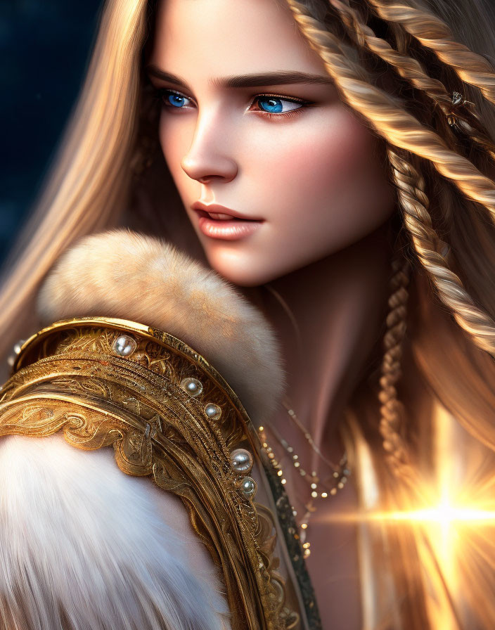 Digital illustration of woman with braided blonde hair in fur-lined armor with radiant star.