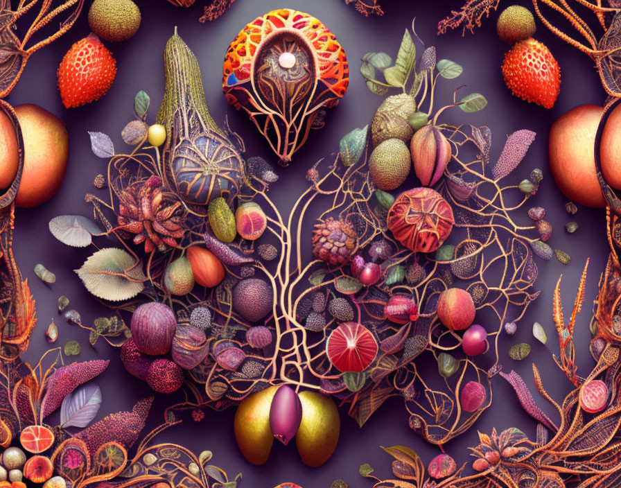 Colorful Stylized Fruits and Plants Illustration on Dark Background