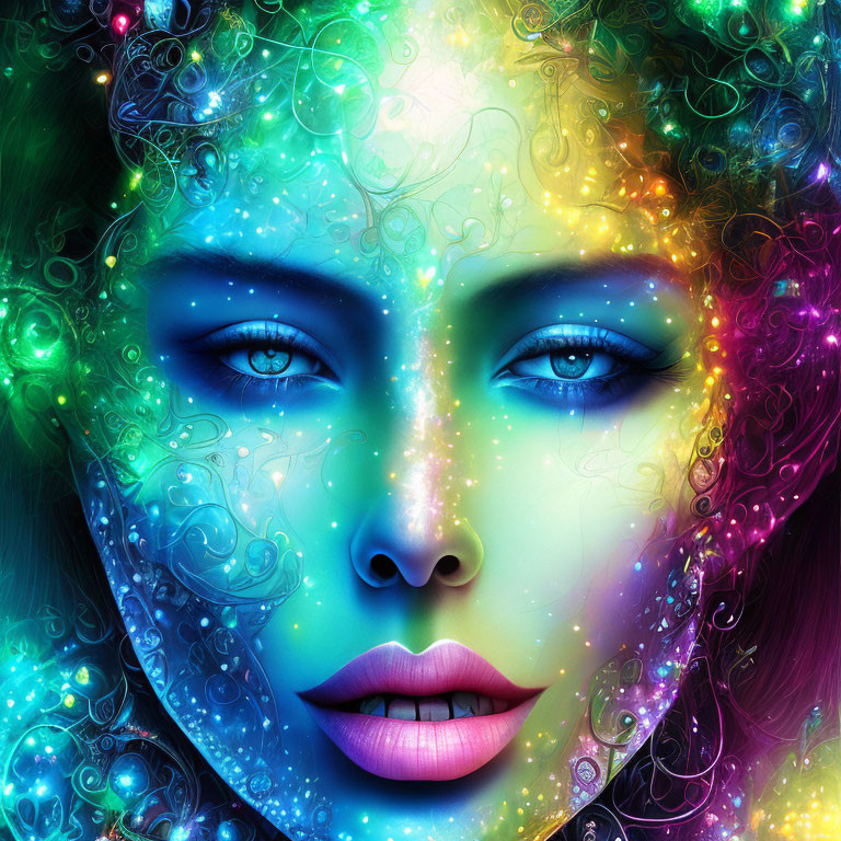 Colorful Cosmic and Floral Patterns on Woman's Face Portrait