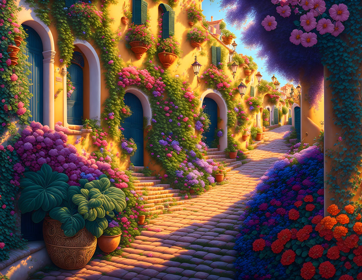 Colorful Cobblestone Street with Flowers, Plants, and Trees