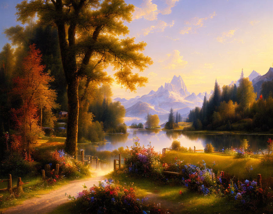 Tranquil Lake Scene with Colorful Flowers and Mountains