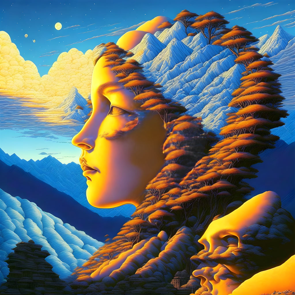 Surreal Art: Woman's Profile Merged with Mountainous Landscape, Trees, Twilight Sky