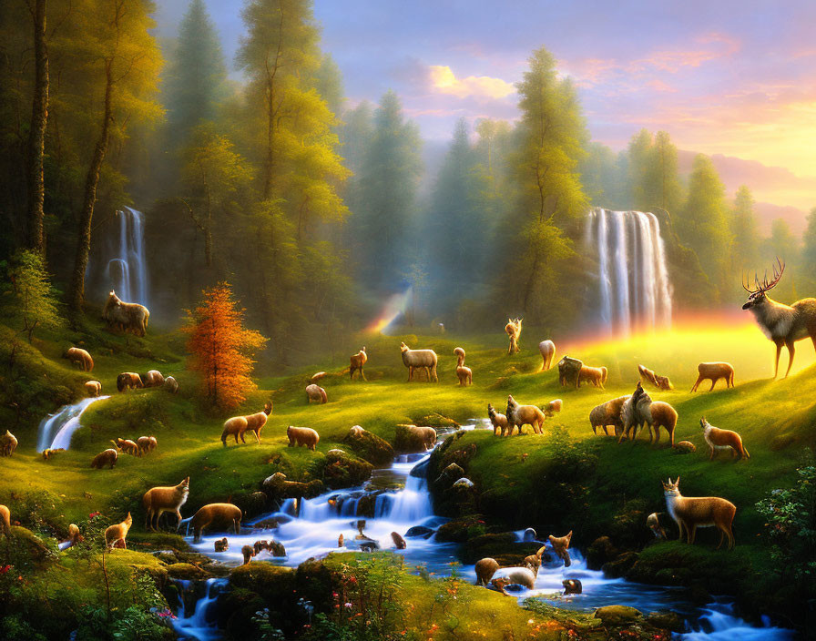 Tranquil landscape with waterfalls, stream, animals, trees, and rainbow