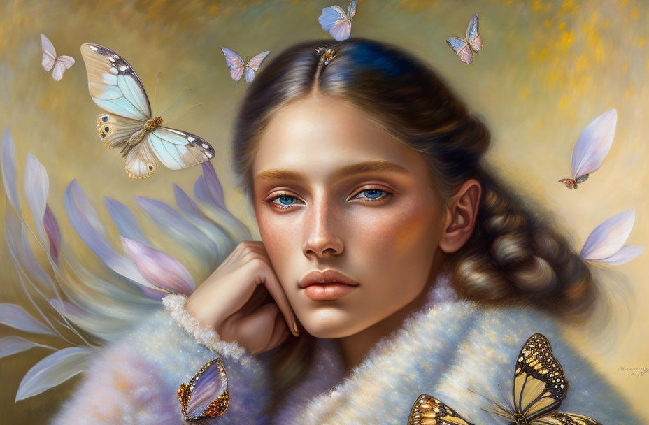 Portrait of young woman with blue eyes and butterflies on golden background