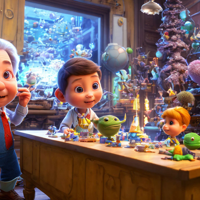 Colorful animated characters in cozy Christmas room